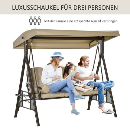 3-seat garden swing with canopy, khaki metal frame