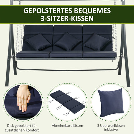3-seat garden swing, adjustable canopy and cushions, capacity 270 kg