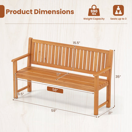 3-Seater Outdoor Wooden Bench, 59" Fir Wood, Brown
