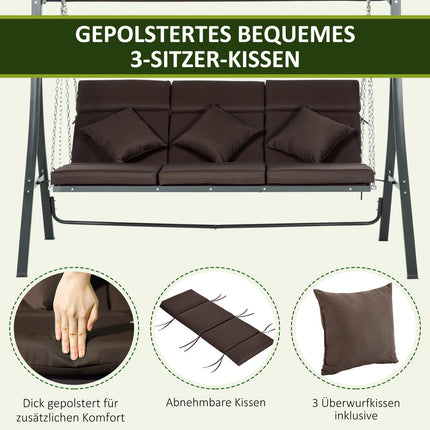 3-seat rocking bench in metal with cushion and adjustable canopy