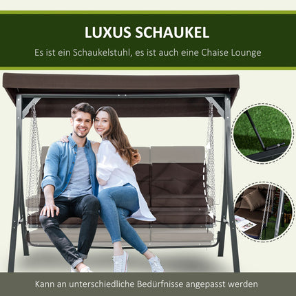 3-seat rocking bench in metal with cushion and adjustable canopy