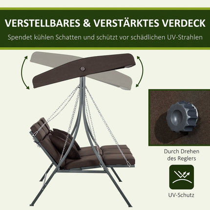 3-seat rocking bench in metal with cushion and adjustable canopy
