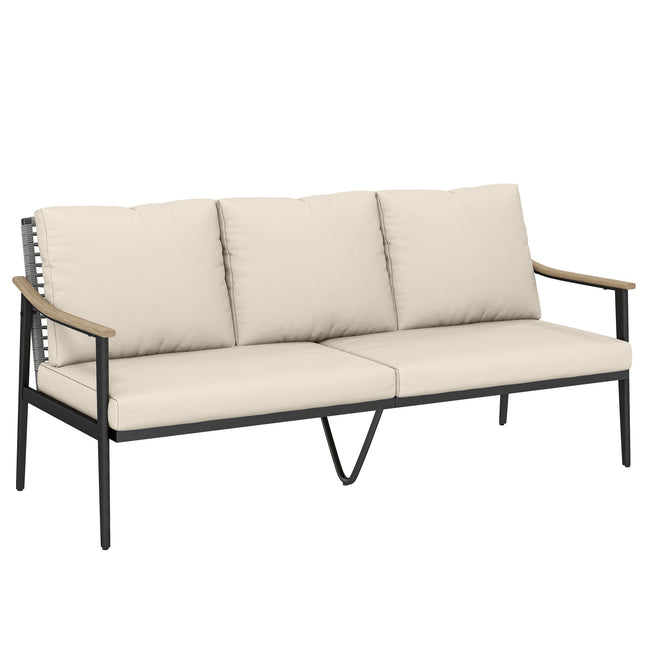 3-Seater Rattan Outdoor Sofa with Cushions, Steel Frame