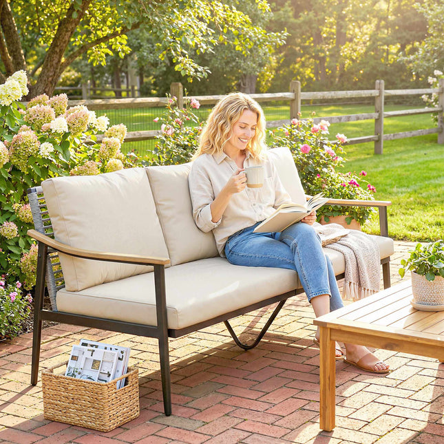 3-Seater Rattan Outdoor Sofa with Cushions, Steel Frame