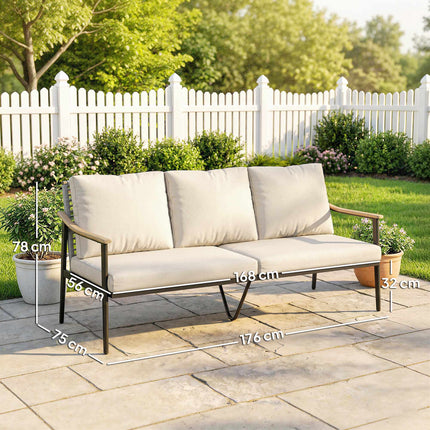 3-Seater Rattan Outdoor Sofa with Cushions, Steel Frame