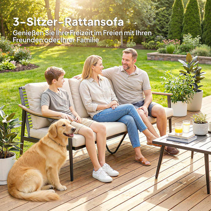 3-Seater Rattan Outdoor Sofa with Cushions, Steel Frame