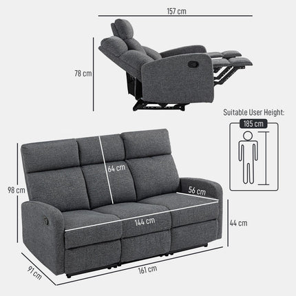 3-Seater Recliner Sofa, Adjustable Backrests, Grey Fabric