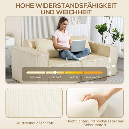 3-Seater Sofa, Cord Fabric, Wide Armrests, 2 Cushions, Beige
