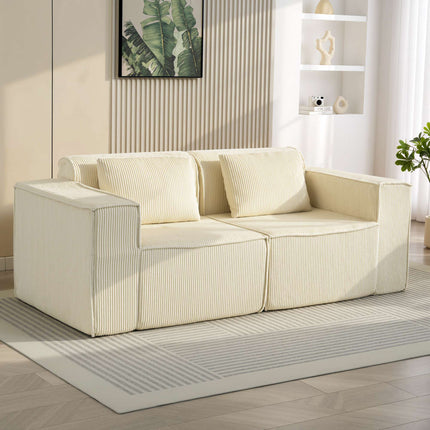 3-Seater Sofa, Cord Fabric, Wide Armrests, 2 Cushions, Beige