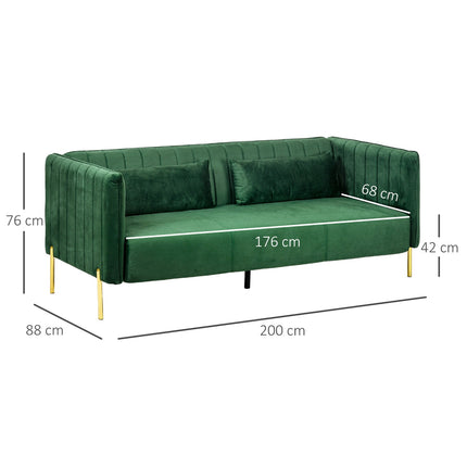 Green 3-seat sofa in velvet look with armrests, 200 Cm