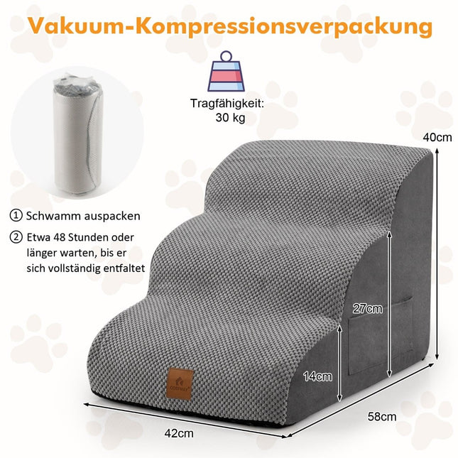 3-Step Foam Dog Stairs, Non-Slip, Supports 30kg, Grey