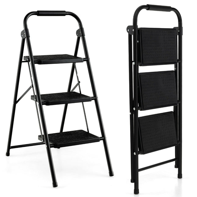 3-Step Folding Ladder, Non-Slip, Metal, Black