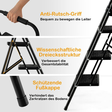 3-Step Folding Ladder, Non-Slip, Metal, Black