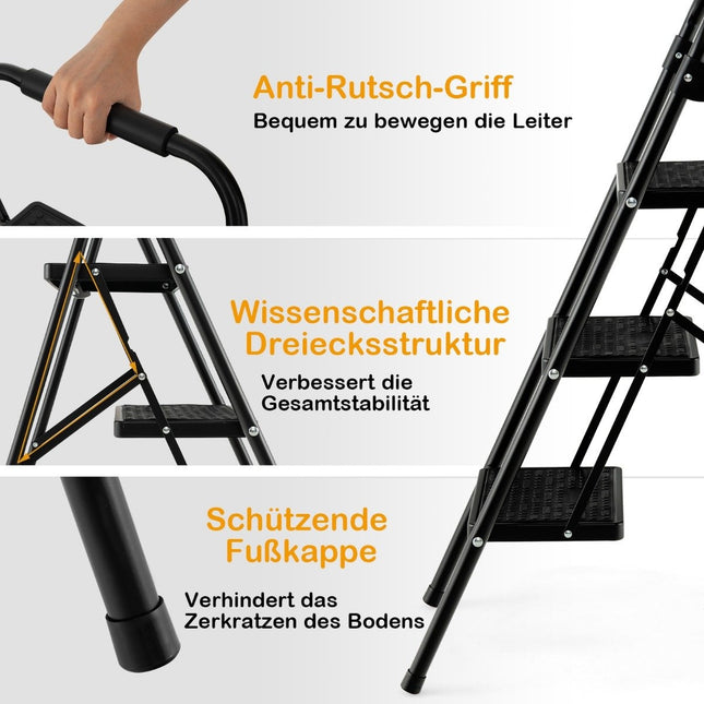 3-Step Folding Ladder, Non-Slip, Metal, Black