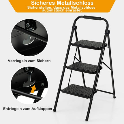 3-Step Folding Ladder, Non-Slip, Metal, Black