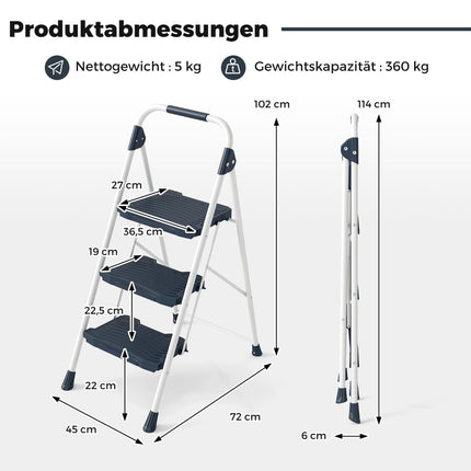 3-Step Folding Ladder with Handrail, 360 kg Capacity