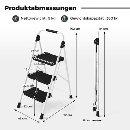3-Step Folding Ladder with Handrail, Non-Slip Steps