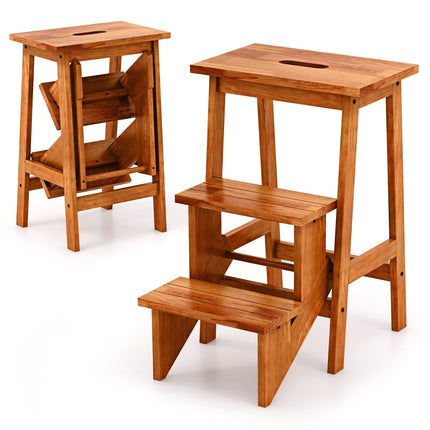 3-Step Rubberwood Ladder Stool, Non-Slip, Brown