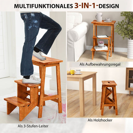 3-Step Rubberwood Ladder Stool, Non-Slip, Brown