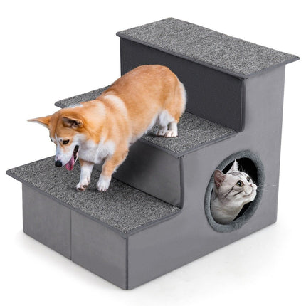 3 Steps Dog Stairs with House & Non-Slip Floor Foldable Pet Stairs Climbing Ladder