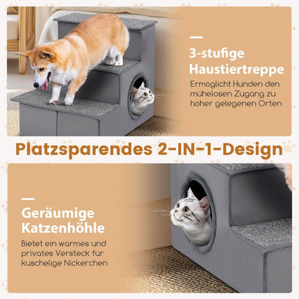 3 Steps Dog Stairs with House & Non-Slip Floor Foldable Pet Stairs Climbing Ladder
