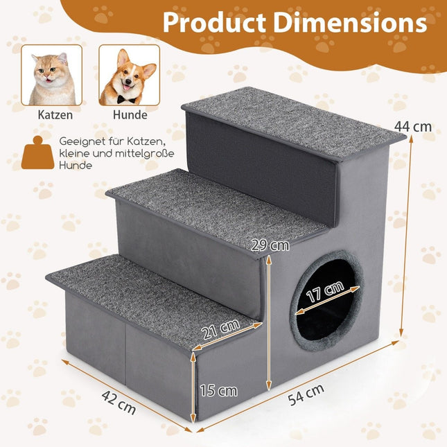 3 Steps Dog Stairs with House & Non-Slip Floor Foldable Pet Stairs Climbing Ladder