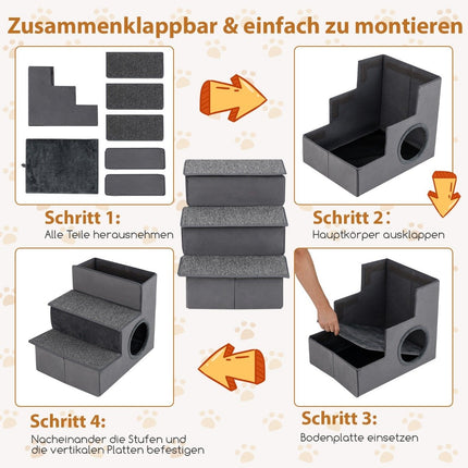 3 Steps Dog Stairs with House & Non-Slip Floor Foldable Pet Stairs Climbing Ladder