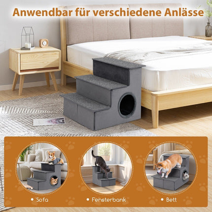 3 Steps Dog Stairs with House & Non-Slip Floor Foldable Pet Stairs Climbing Ladder