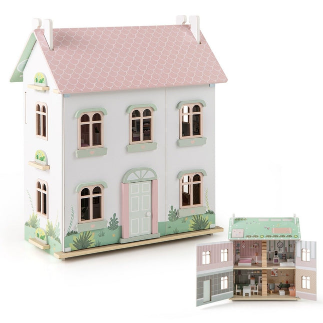 3-Story Wooden Dollhouse with Reversible Roofs & Doors