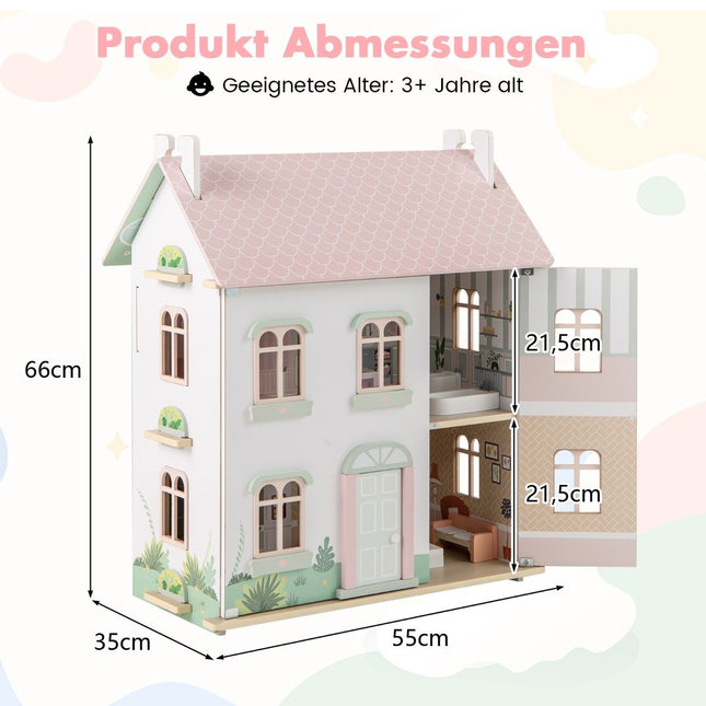 3-Story Wooden Dollhouse with Reversible Roofs & Doors