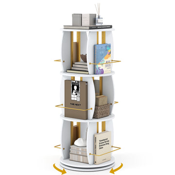 3-Tier 360° Spinning Bookshelf Tower with Display Stands, White & Golden