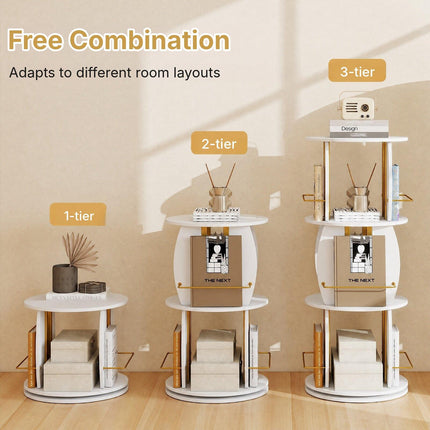 3-Tier 360° Spinning Bookshelf Tower with Display Stands, White & Golden