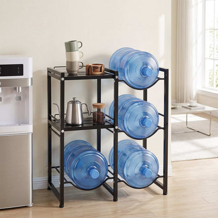3-Tier 5 Gallon Water Jug Holder with 2 Storage Shelves, Black, 4 Bottle Slots