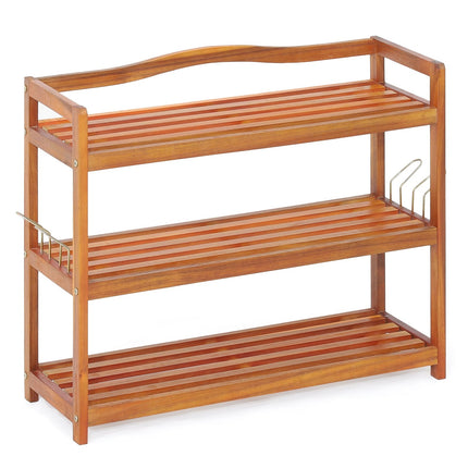 3-Tier Acacia Wood Shoe Rack with Side Hooks