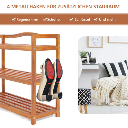 3-Tier Acacia Wood Shoe Rack with Side Hooks