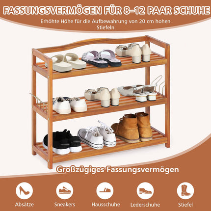 3-Tier Acacia Wood Shoe Rack with Side Hooks