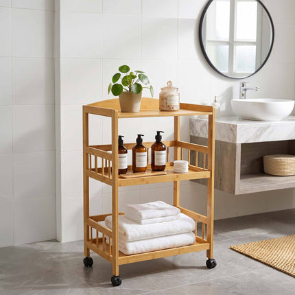 3-Tier Bamboo Kitchen Trolley with Swivel Castors