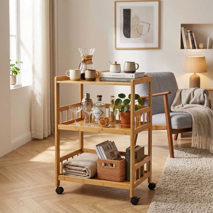 3-Tier Bamboo Kitchen Trolley with Swivel Castors