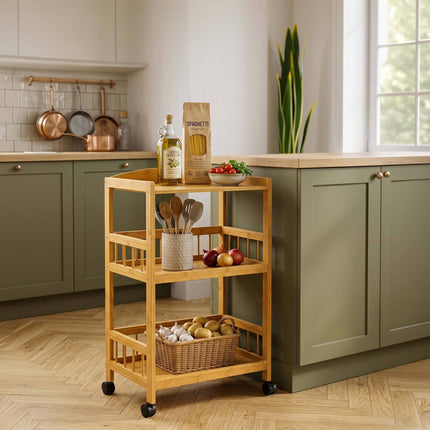 3-Tier Bamboo Kitchen Trolley with Swivel Castors