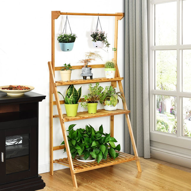 3-Tier Bamboo Plant Stand with Adjustable Hanging Rod