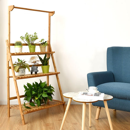 3-Tier Bamboo Plant Stand with Adjustable Hanging Rod