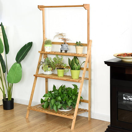 3-Tier Bamboo Plant Stand with Adjustable Hanging Rod