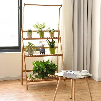 3-Tier Bamboo Plant Stand with Adjustable Hanging Rod