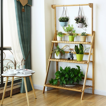 3-Tier Bamboo Plant Stand with Adjustable Hanging Rod