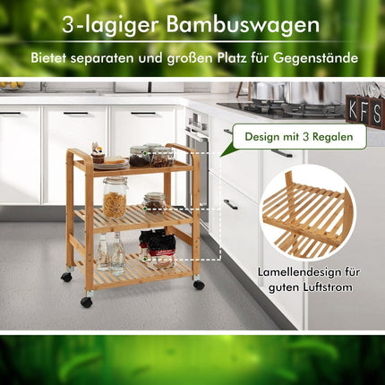 3-Tier Bamboo Rolling Cart with Wheels, 58x33x76 cm