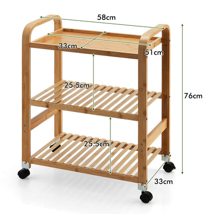 3-Tier Bamboo Rolling Cart with Wheels, 58x33x76 cm