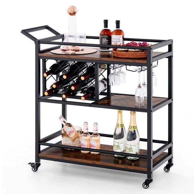 3-Tier Bar Cart With Wheels, Wine Rack And Glass Holder