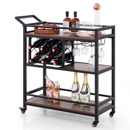 3-Tier Bar Cart on Wheels with Wine Rack, Glass Holder