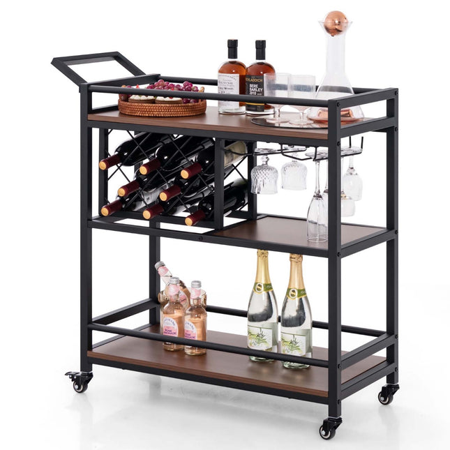 3-Tier Bar Cart on Wheels with Wine Rack, Glass Holder