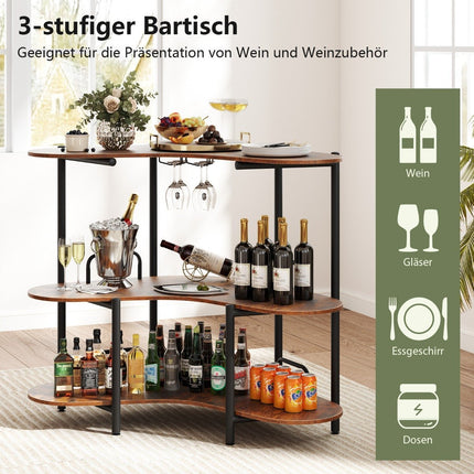 3-Tier Bar Table with Glass Holder & Metal Frame, Brown